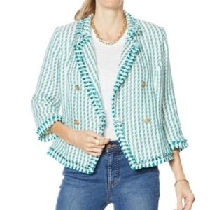 G by Giuliana Green & White Tweed Effect Oversized Boxy Fit Blazer, Lined, EUC!